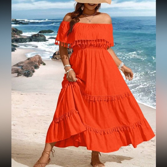Boho plus size off shoulder tassel detail maxi dress - Picture 7 of 16